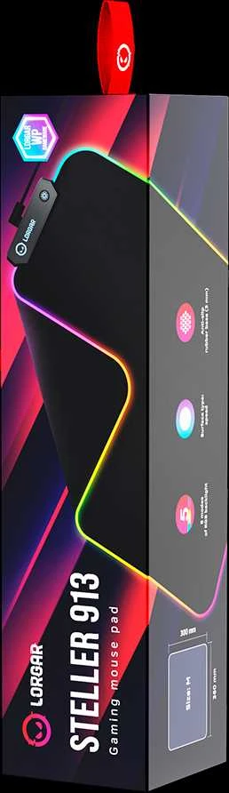 Lorgar Steller 913, Pelės kilimėlis žaidimams, Didelės spartos paviršius, neslystantis guminis pagrindas, RGB apšvietimas, USB jungtis, Lorgar WP Gameware palaikymas, dydis: 360mm x 300mm x 3mm, svoris 0,250kg