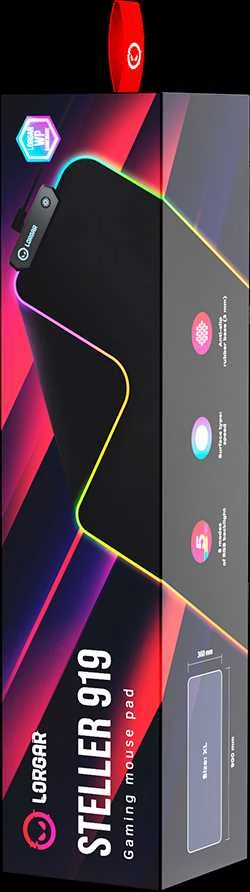 Lorgar Steller 919, Pelės kilimėlis žaidimams, Didelės spartos paviršius, neslystantis guminis pagrindas, RGB apšvietimas, USB jungtis, Lorgar WP Gameware palaikymas, dydis: 900mm x 360mm x 3mm, svoris 0,635kg