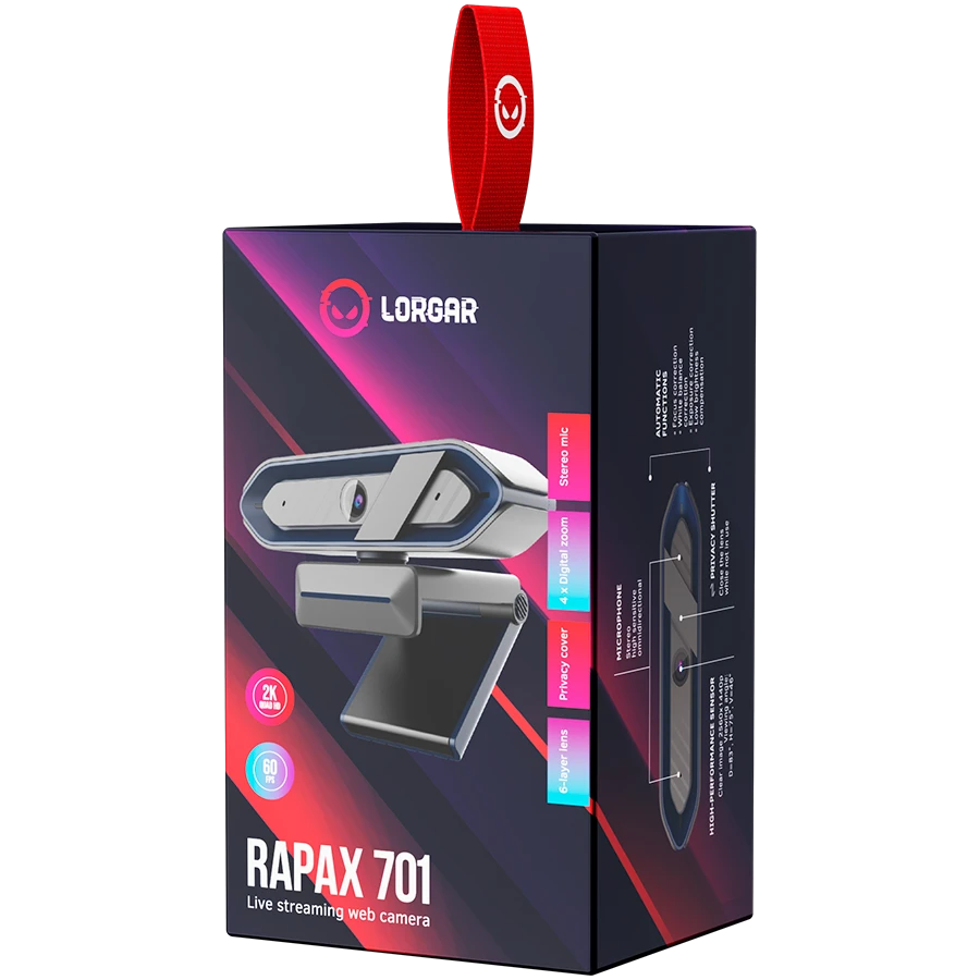 LORGAR Rapax 701, Srautinė kamera, 2K 1080P/60fps, 1/3'',4Mega CMOS vaizdo jutiklis, Automatinis fokusavimas, Integruotas didelio jautrumo mažo triukšmo slopinimo mikrofonas, Mėlyna dangos spalva, USB 2.0 Type C, L=2000mm, dydis : 105x46,8x62,5 mm, svoris: 108 g