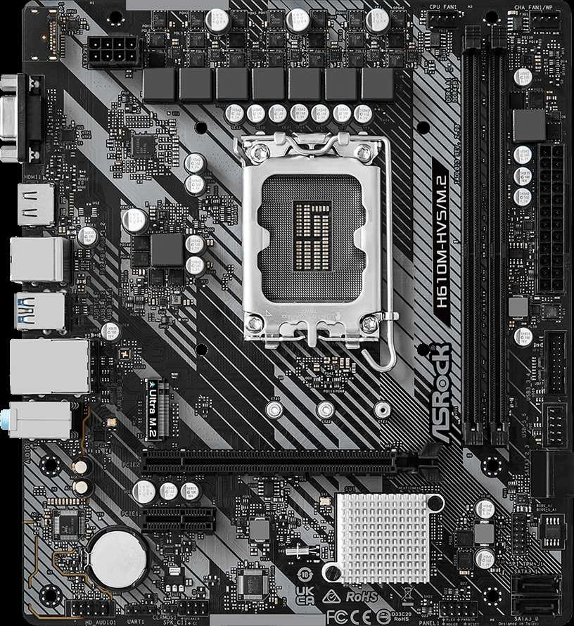 Pagrindinė plokštė ASROCK Intel H610/LGA1700/MicroATX/Memory DDR4/Atminties lizdai 2/1xPCI-Express 3.0 1x/1xPCI-Express 4.0 16x/1xM.2/1x15pin D-sub/1xHDMI/1xAudio-In/1xAudio-Out/1xMikrofonas/4xUSB 2.0/2xUSB 3.2