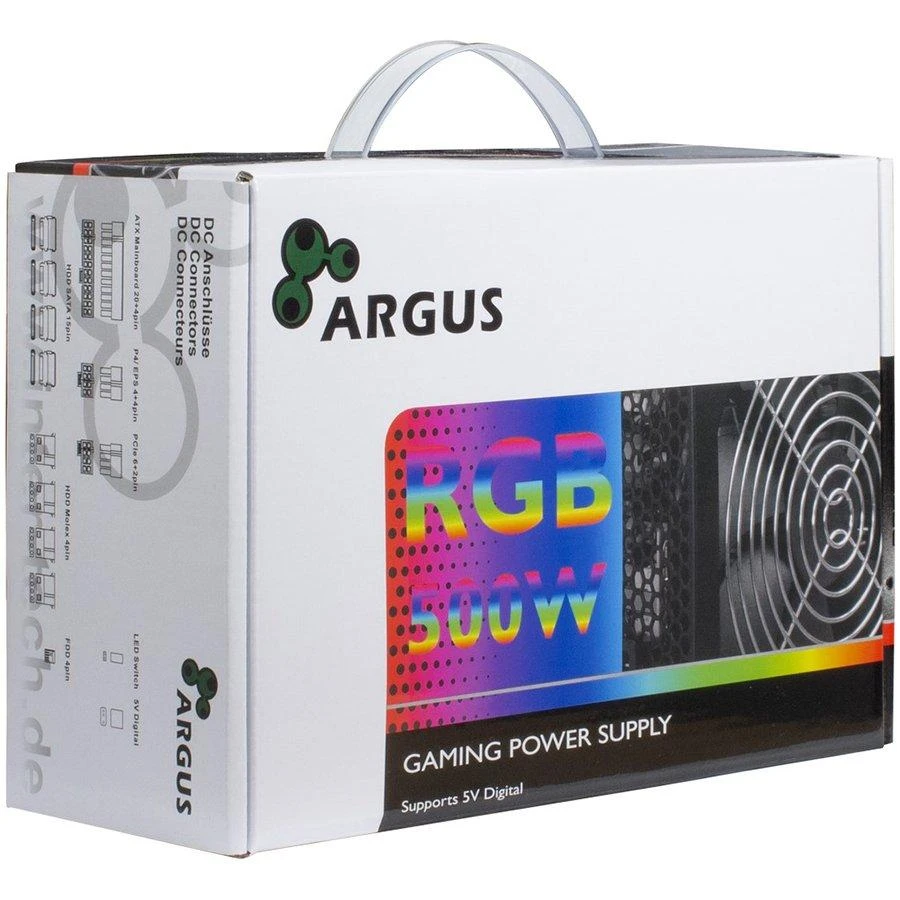 Maitinimo šaltinis INTER-TECH Argus RGB, 80PLUS Bronze, 500W, mažmeninė prekyba, 1x140 ventiliatorius, 1x20+4Pin, 4+4Pin, 1xPCI-e 6+2Pin, 4x4Pin (Molex), 4xSATA, 1xFDD, rev.