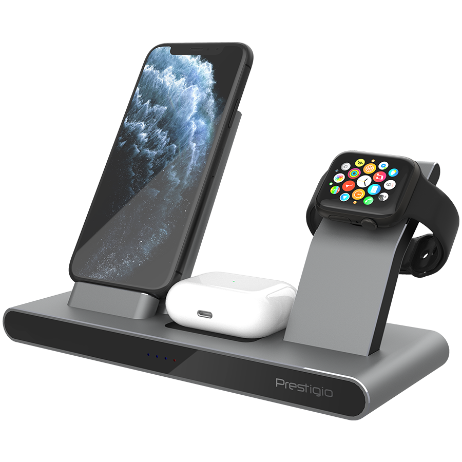 Prestigio ReVolt A7, 3-in-1 wireless charging station for iPhone, Apple  Watch, AirPods, wilreless output for phone 7.5W / 10W, wireless output for  AirPods 5W, wireless output for Apple Watch 2.5W, material:  aluminum+tempered