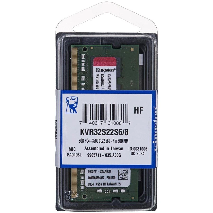 Nešiojamo kompiuterio atmintis Kingston Technology KVR32S22S6/8 atminties modulis 8 GB 1 x 8 GB DDR4 3200 MHz