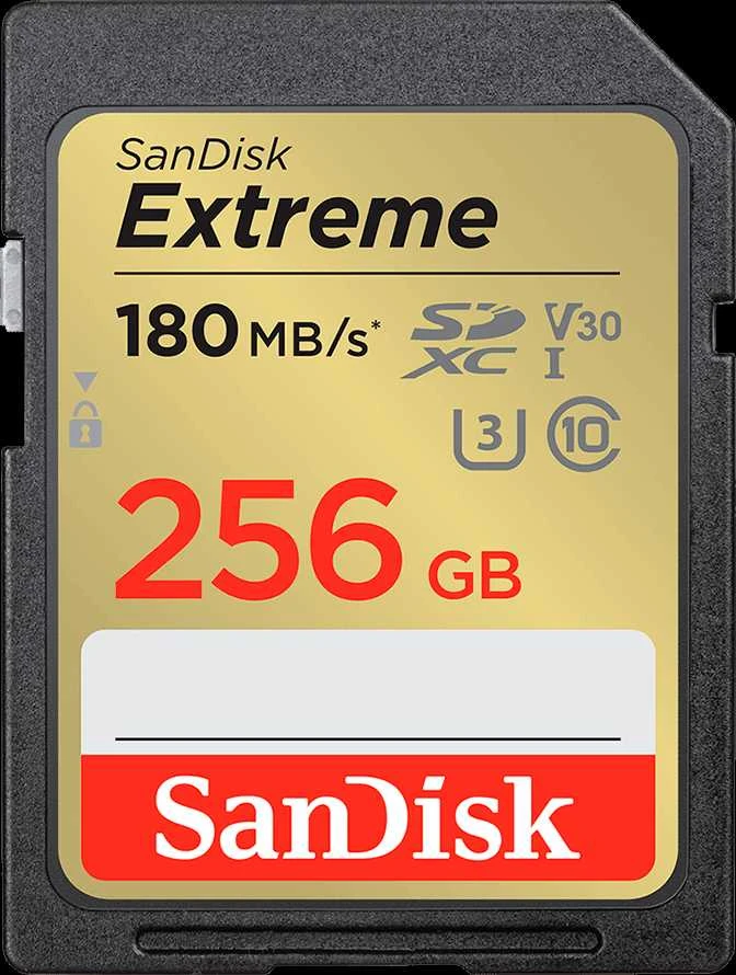 SanDisk Extreme SDXC 256GB kortelė iš arti