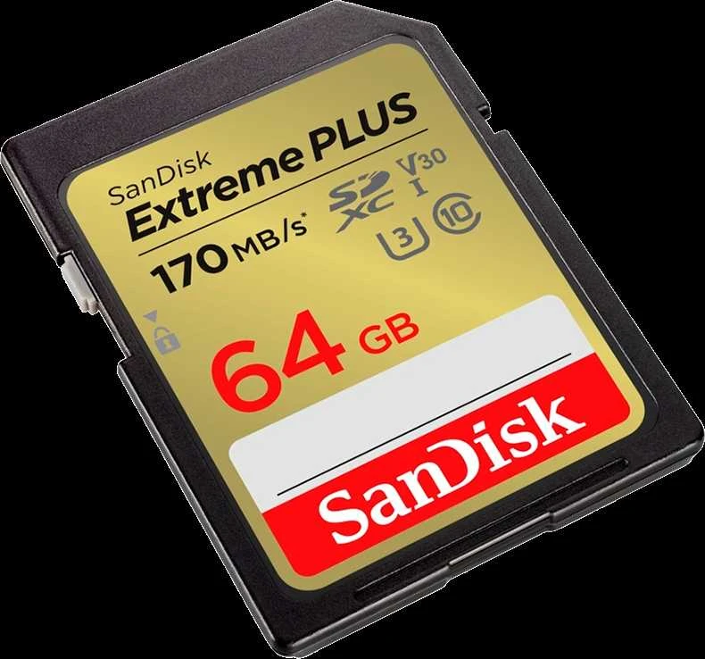 SanDisk Extreme Plus SD kortelė 64 GB su 170 MB/s greičiu