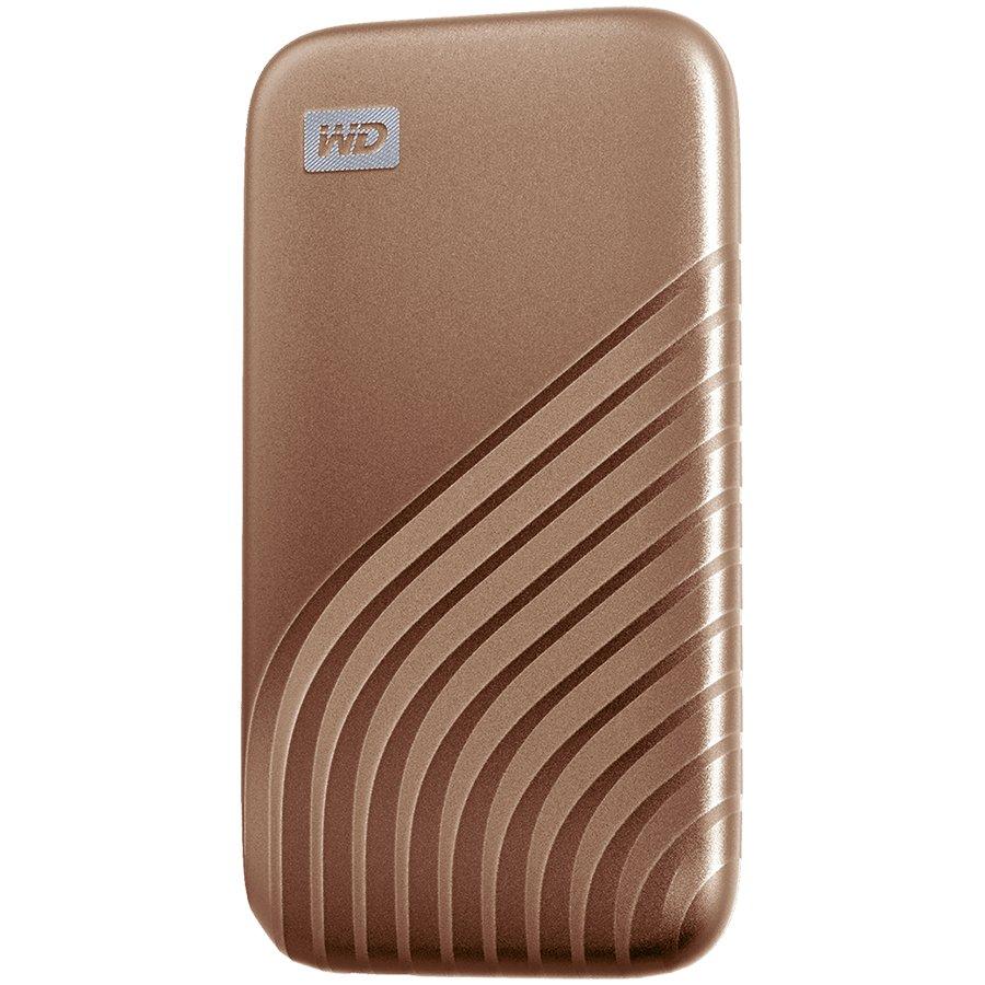 Kietasis diskas Western Digital „Sandisk WD 1TB My Passport SSD“ – nešiojamas SSD diskas, kurio skaitymo ir įrašymo greitis – 1050 MB/s, o įrašymo – 1000 MB/s, USB 3.2 Gen 2 – auksinis, EAN: 619659183981