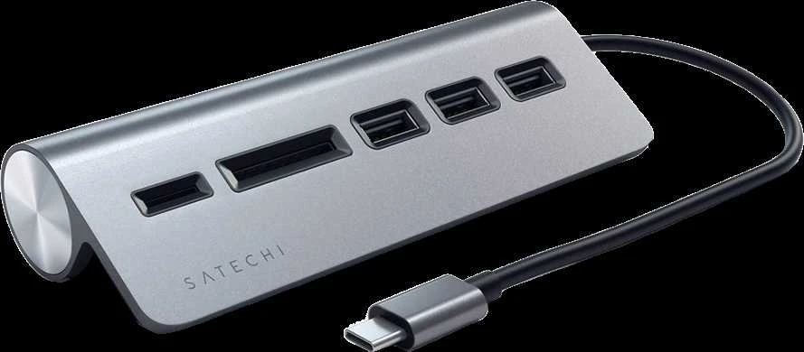 SATECHI Type-C aliuminio USB 3.0 šakotuvas ir kortelių skaitytuvo vieta pilka