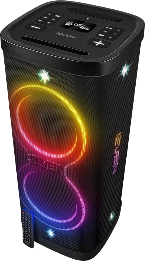 Garsiakalbis vakarėlių dėžutė SVEN PS-1250, juodas (300W, TWS, IPx4, Bluetooth, FM, USB, Micro SD, LED ekranas, 13500mAh)