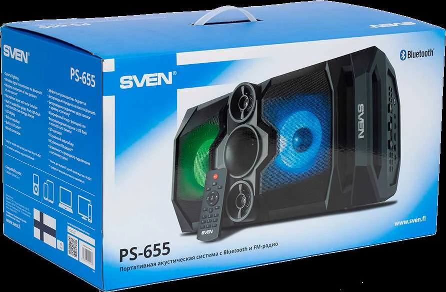Garsiakalbis SVEN PS-655, juodas (50W, TWS, Bluetooth, FM, USB, Micro SD, LED-ekranas, RC, 2x4400mA*h); SV-020163