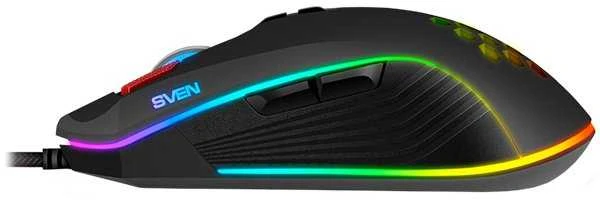 Pelė SVEN RX-G850 iki 6400 DPI; Soft Touch; Metalinis dugnas; Pintas kabelis; Žaidimų programinė įranga; 3 papildomi mygtukai; Apšvietimas; Dukart spustelėkite mygtuką; Dpi jungiklio mygtukas