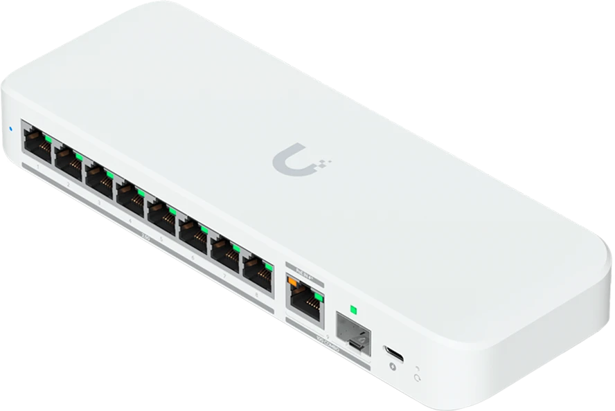 Šakotuvas UBIQUITI FLEX 2.5G LANKSTUSIS, 8 PRIESTŲ 2.5 GBE JUNGIKLIS SU 10 GBE RJ45/SFP+ KOMBINUOTU UPLINK PRIEDAS, GALIMA MAITINTI SU USB-C ARBA POE+ ADAPTERIU