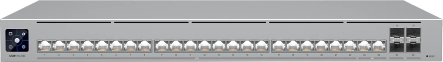 Šakotuvas „UBIQUITI PRO HD 24 POE“ PROFESIONALIOS LYGIO, 3 SLUOKSNIO „ETHERLIGHTING®“ KOMUTATORIUS SU (2) 10 GBE POE++, (22) 2,5 GBE POE++ IR (4) 10G SFP+ PRIEVADAIS. BENDRA POE GALIOS GALIMA 600 W.
