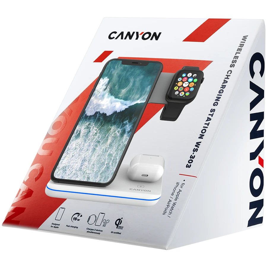 Universalus Belaidis įkroviklis Canyon 3in1 Wireless Charger WS-303, tinka vienu metu įkrauti Apple Watch, iPhone ir Airpods