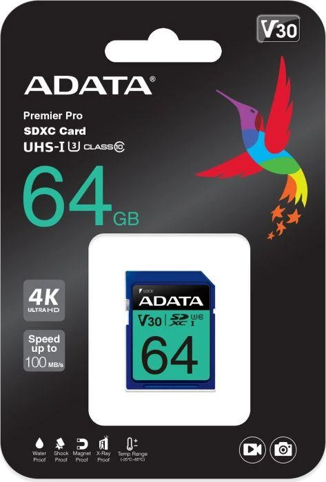Atminties kortelė A-DATA Premier Pro SDXC, UHS-I U3 Class 10, 64GB, mėlyna / ADATA-338