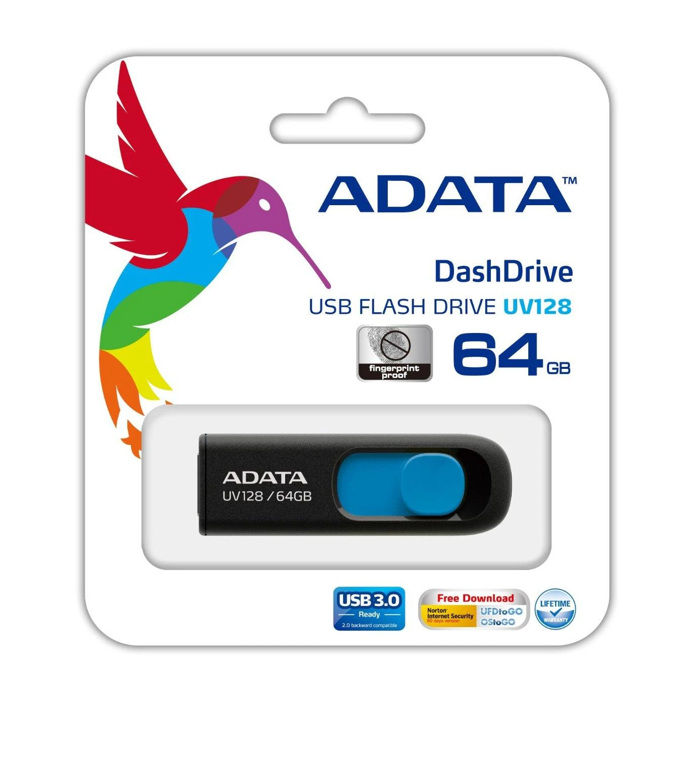 Atmintukas Adata UV128 64GB Juodas/Mėlynas