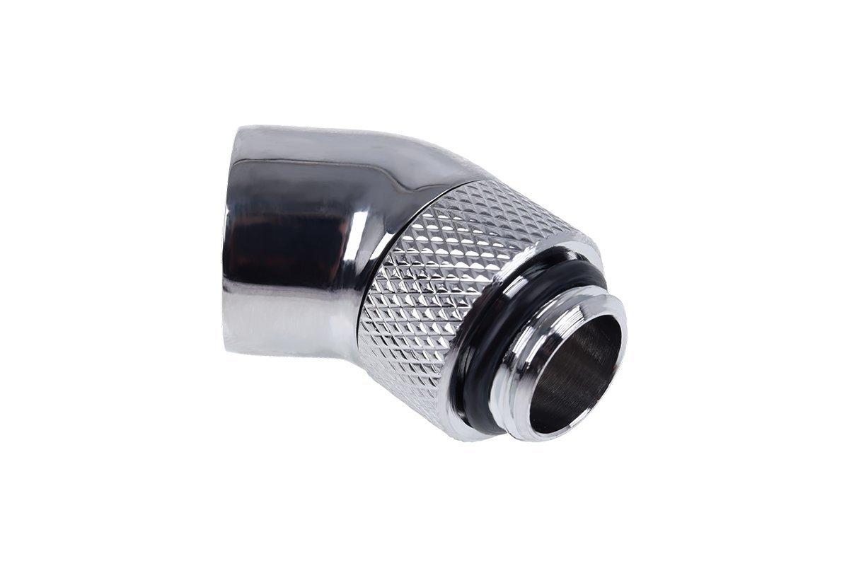„Alphacool“ jungties adapteris, 45 laipsnių, G1/4 colio kištukas į G1/4 colio kištuką, pasukamas, chromuotas, su jungtimi