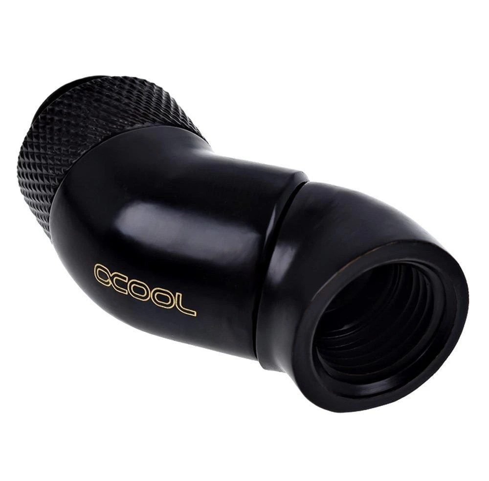 „Alphacool“ kampinis adapteris, 45 laipsnių dvigubai pasukamas, G1/4 lizdas į G1/4 lizdą, juodas