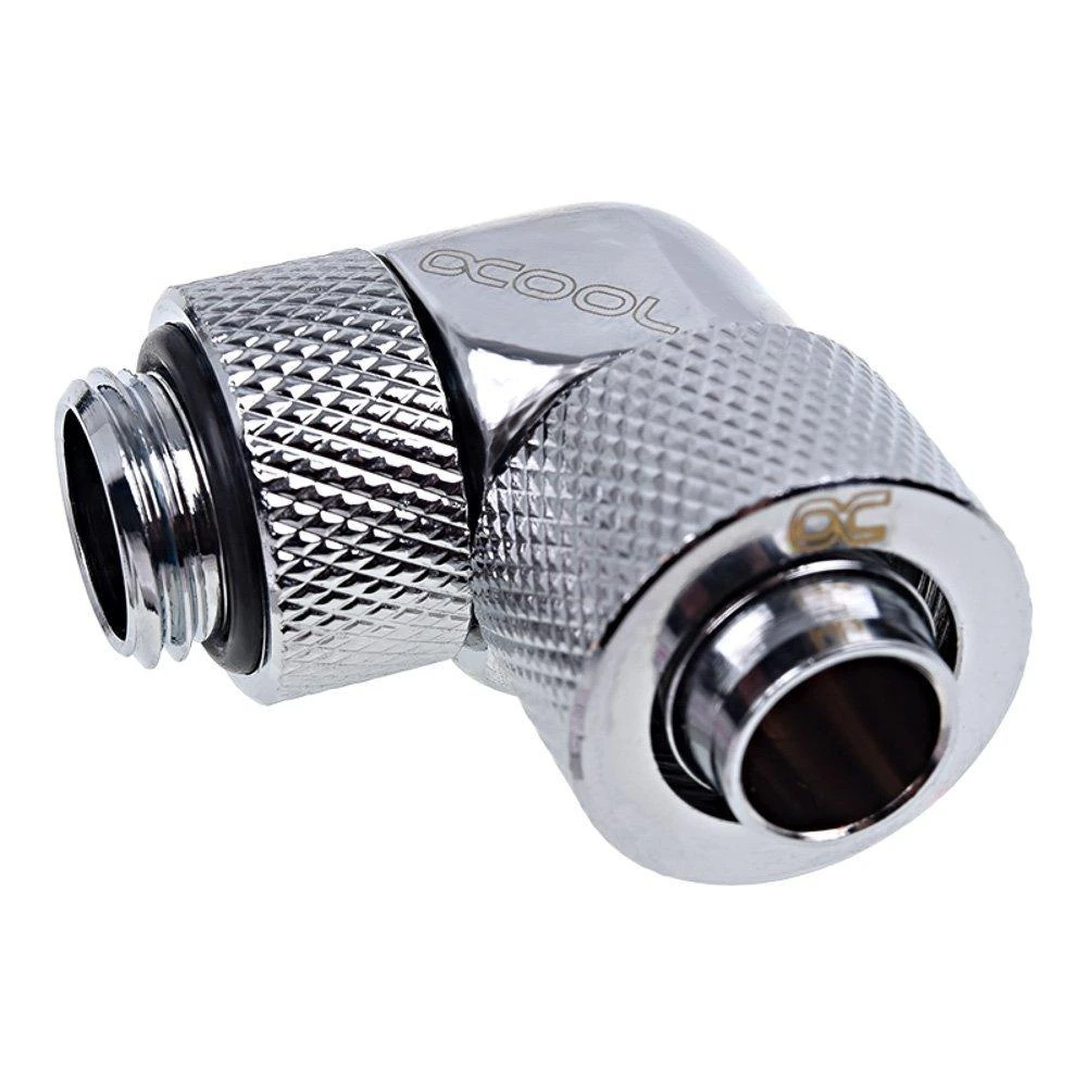 „Alphacool“ jungtis, 90 laipsnių, G1/4 colio, vidinis sriegis, 13/10 mm, pasukama, chromuota, sidabrinė