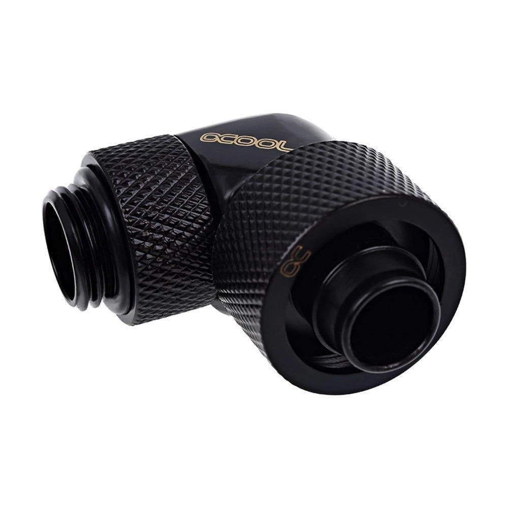 „Alphacool“ jungtis, 90 laipsnių, G1/4 colio, vidinis sriegis, 16/10 mm, pasukama, juoda