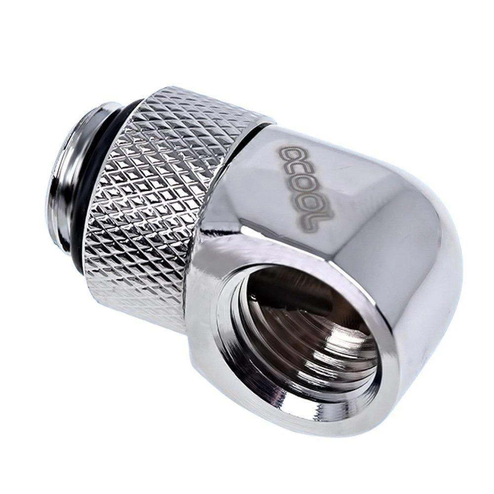 „Alphacool“ jungties adapteris 90 laipsnių G1/4 colio kištukas į G1/4 colio kištuką, pasukamas, chromuotas, su jungtimi