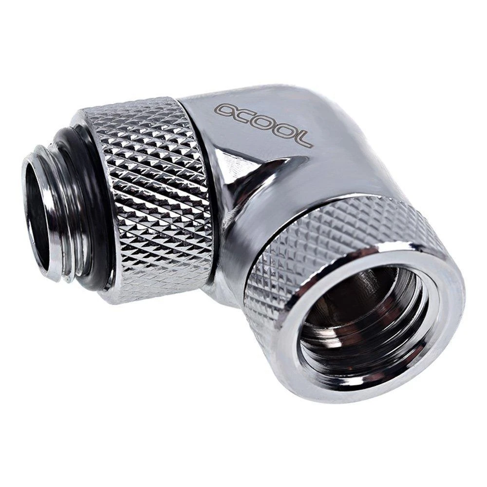 „Alphacool Eiszapfen“ 90 laipsnių pasukamas kampinis adapteris G1/4 lizdas į G1/4 lizdą, chromuotas