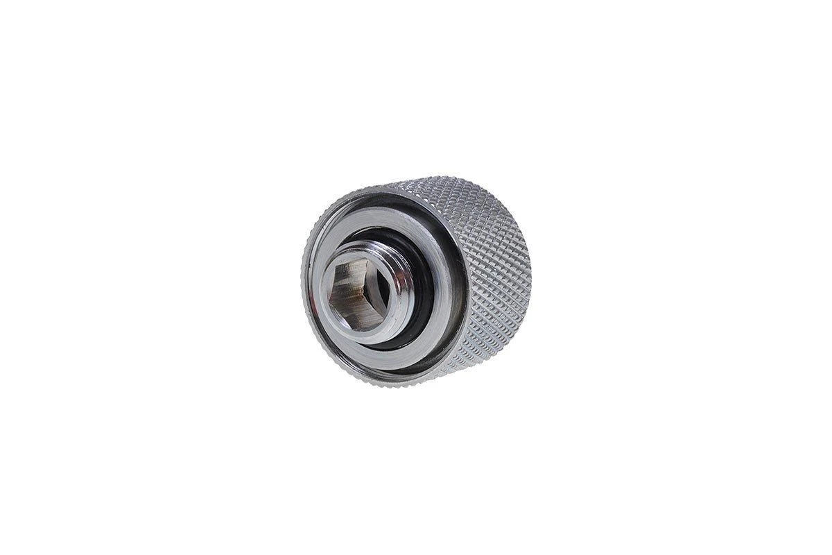 „Alphacool HT“ tiesus jungtis su G1/4 colio vidiniu sriegiu ir 16 mm išorinio skersmens kietu vamzdžiu, blizgus ir rievėtas.