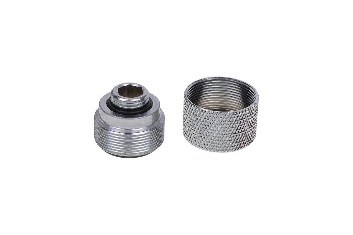 „Alphacool HT“ tiesus jungtis su G1/4 colio vidiniu sriegiu ir 16 mm išorinio skersmens kietu vamzdžiu, blizgus ir rievėtas.