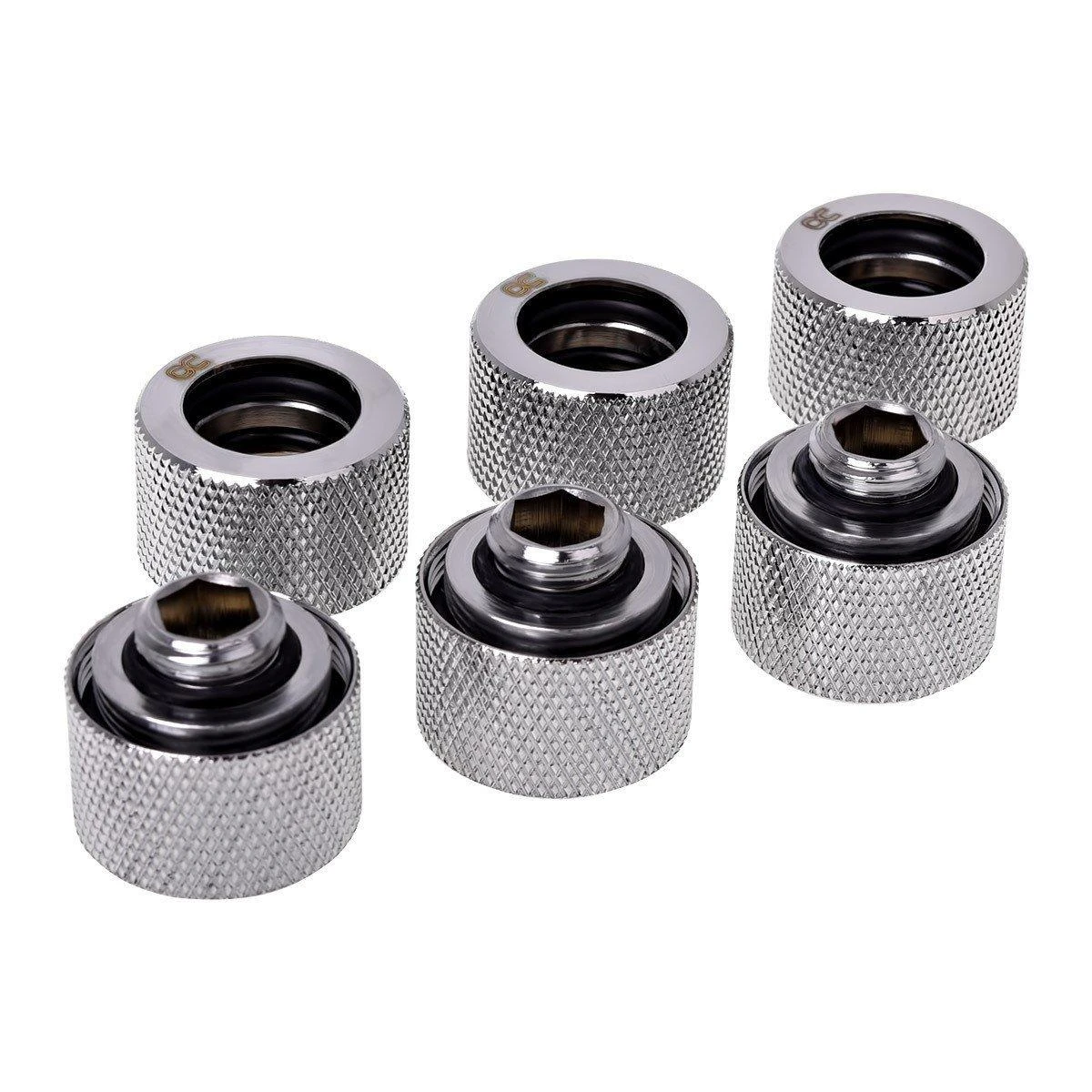 „Alphacool“ 1/4 colio jungtis – 16 mm, 6 vnt. pakuotė, chromuota (17384)