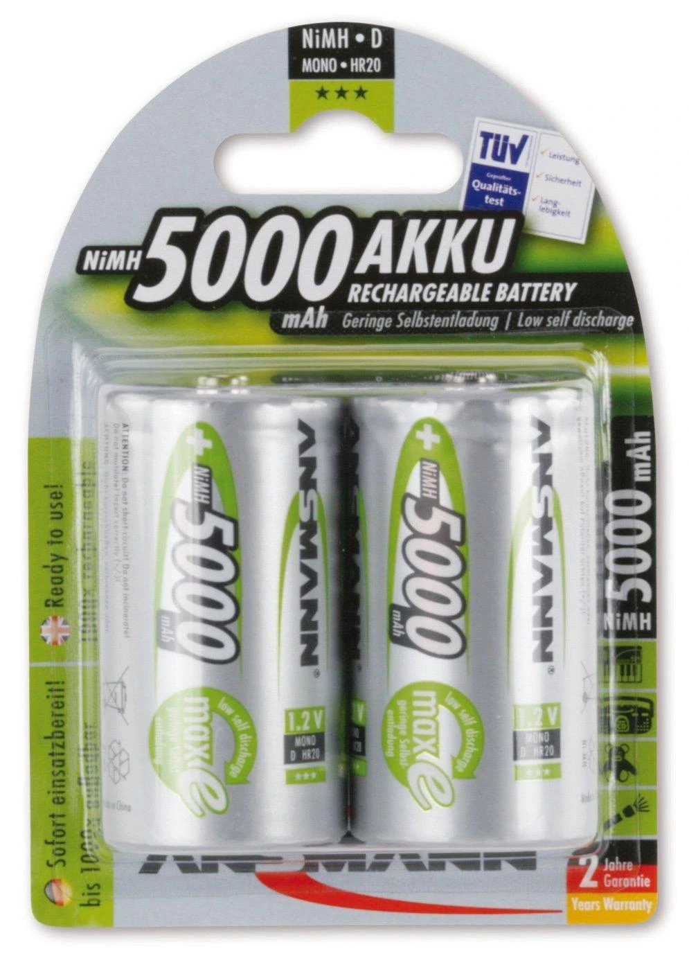 Ansmann D tipo 5000 mAh akumuliatoriai pakuotėje
