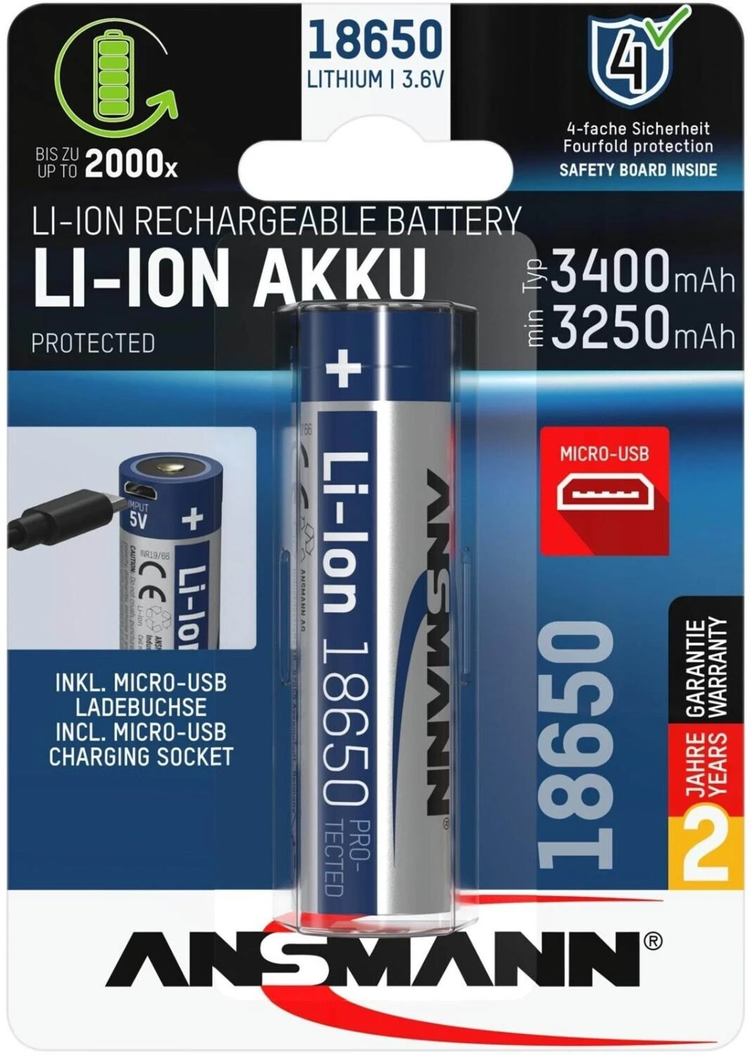 Ansmann Li-Ion 18650 3400mAh 3,6V Micro-USB 1307-0003