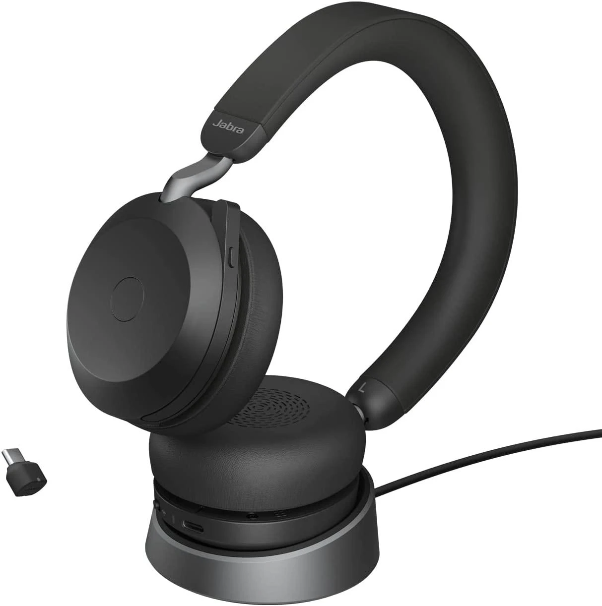JABRA Evolve2 75 Ausinės on-ear Bluetooth belaidės aktyvus triukšmo slopinimas USB-C noise isolating juodas su charging stand MS Te