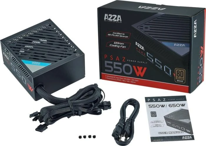 AZZA PSU 550W ATX 80+ bronzos sertifikatas, tylus 120 mm ventiliatorius, 1 x 20+4 kontaktų, 1 x 4+4 kontaktų 12V, 1 x 4 kontaktų diskelis, 2 x 4 kontaktų Molex, 5 x Sata, 2 x 6+2 kontaktų PCI-5, WPS