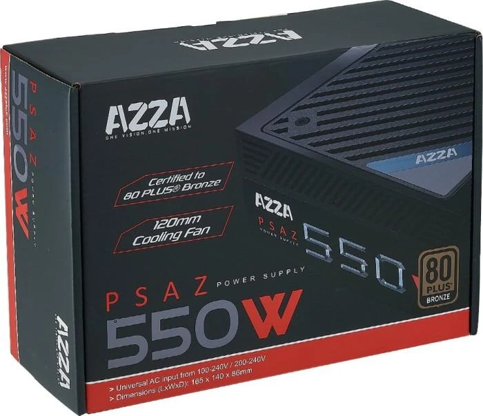 AZZA PSU 550W ATX 80+ bronzos sertifikatas, tylus 120 mm ventiliatorius, 1 x 20+4 kontaktų, 1 x 4+4 kontaktų 12V, 1 x 4 kontaktų diskelis, 2 x 4 kontaktų Molex, 5 x Sata, 2 x 6+2 kontaktų PCI-5, WPS