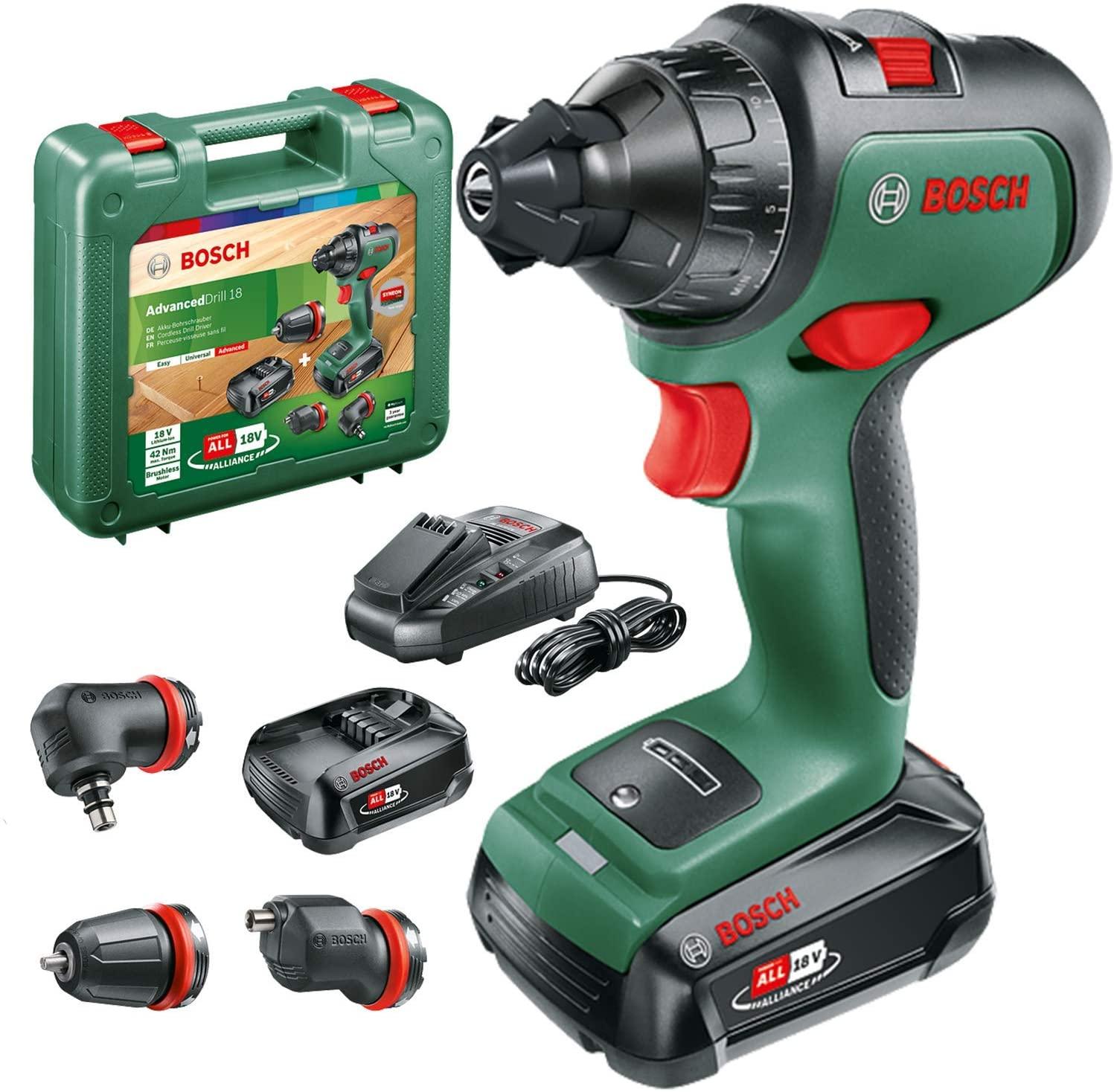 Bosch AdvancedDrill 18 2x 2,5 Ah baterija / įkroviklis / dėklas / kampas ir ekscentrinis priedas