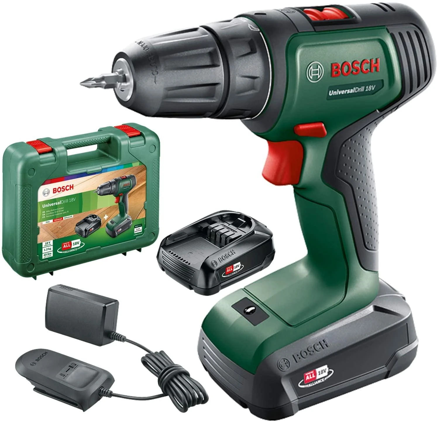 Bosch Universal Drill 18V (2x1,5) Akumuliatorinis dviejų greičių gręžtuvas - suktuvas