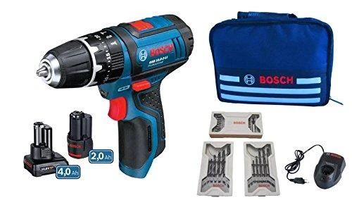  Akumuliatorinis gręžtuvas-suktuvas Bosch GSR 12V-15, 1x2.0Ah, 1x4.0Ah + 39 priedai