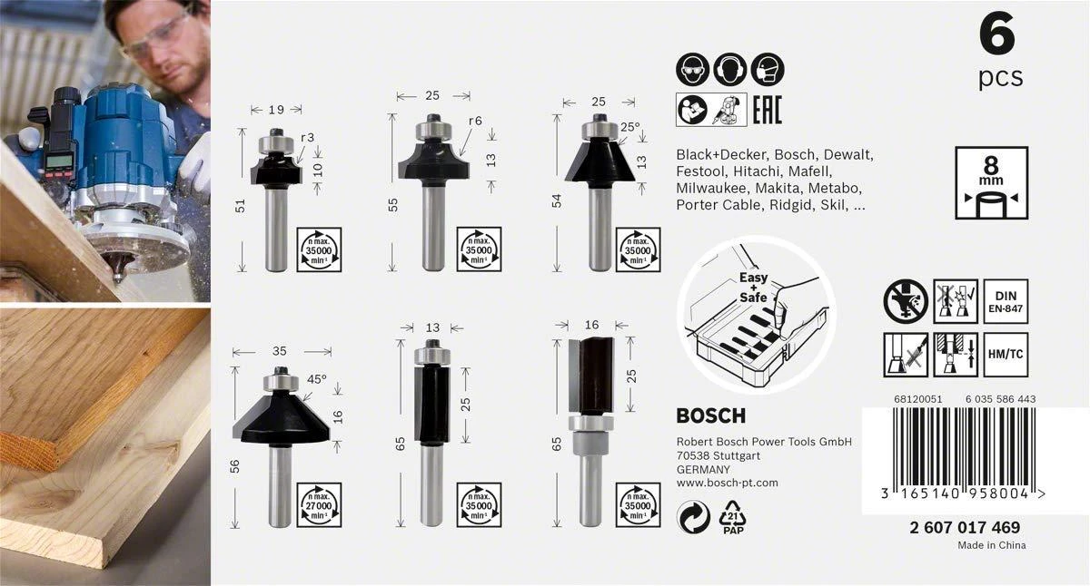 Bosch 6 daliu frezų kompl. 8 mm kotu, "Trim&Edging"