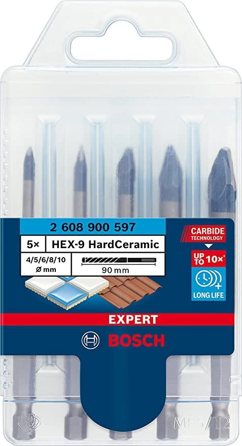 Bosch „EXPERT HEX-9 HardCeramic“ grąžtų keramikai rinkinys, 4/5/6/8/10 mm 5 vnt. (2608900597)