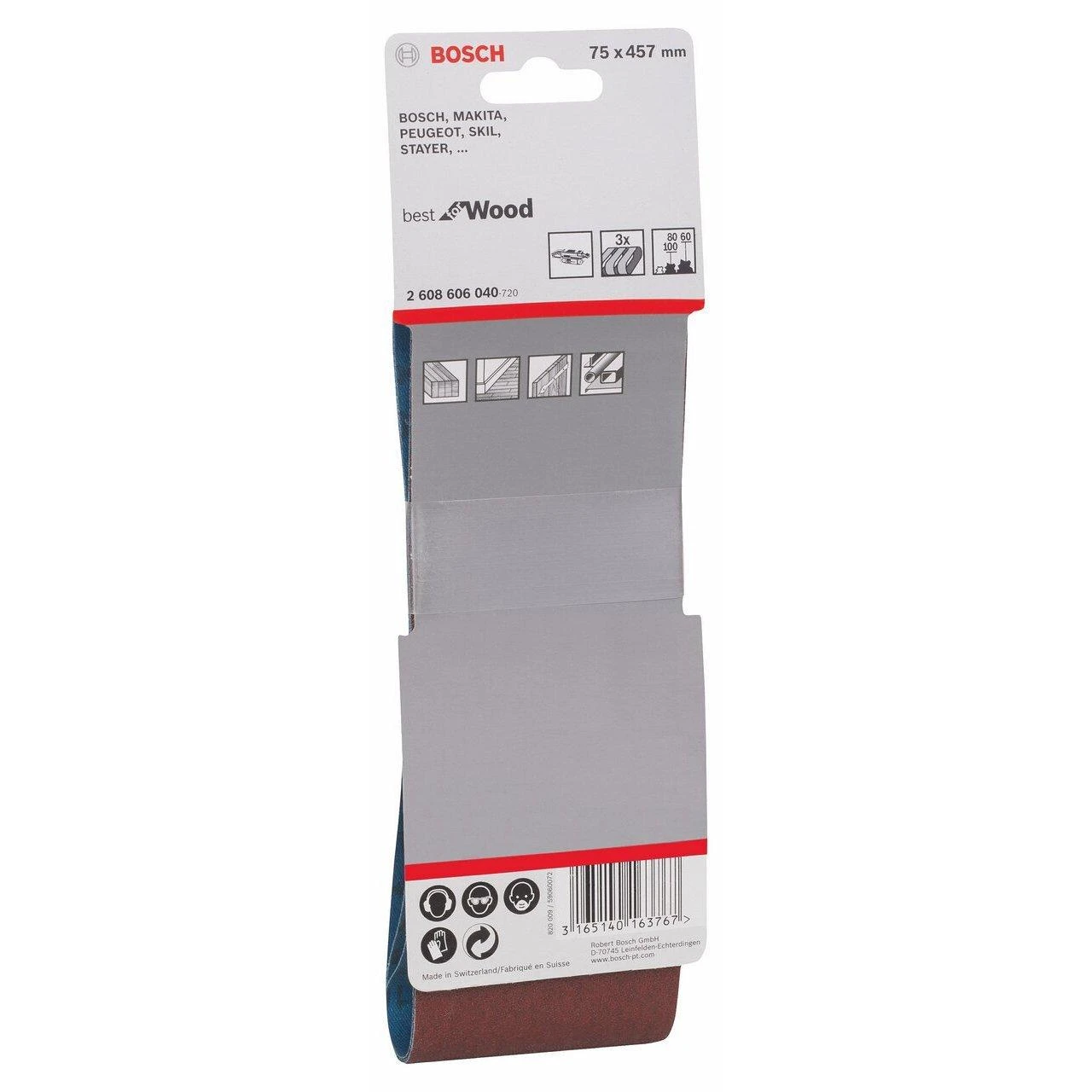 Bosch Šlif.juosta medžiui 75x457,K60/80/100,3 vnt.