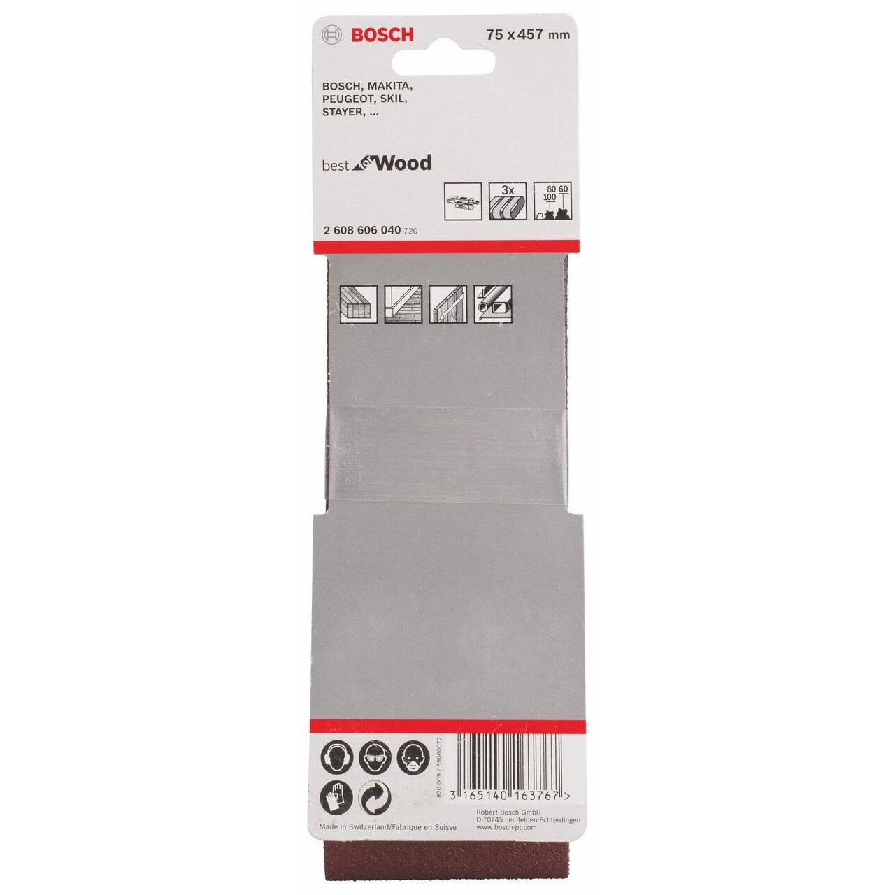 Bosch Šlif.juosta medžiui 75x457,K60/80/100,3 vnt.
