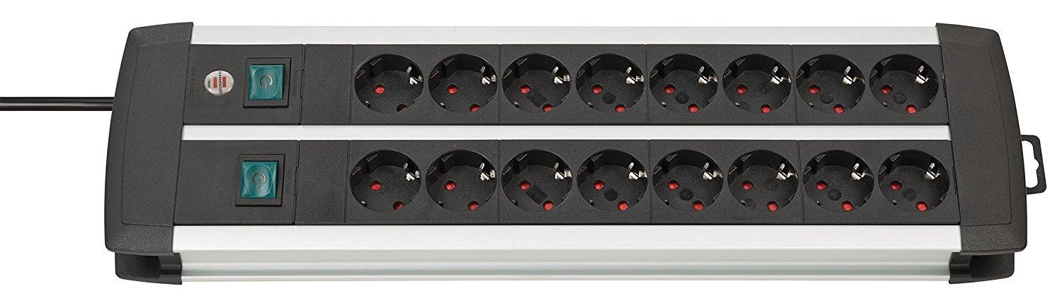 Brennenstuhl Premium ALU-Line 16 kartų juodos spalvos, su 2 jungikliais, 3 m