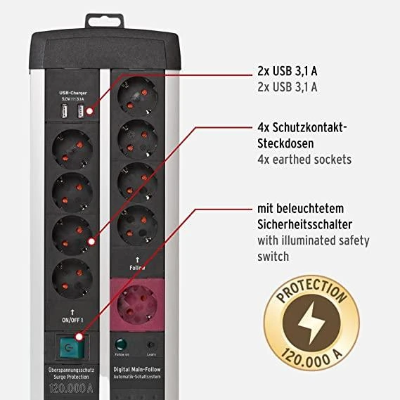 Brennenstuhl Premium-Protect-Line maitinimo juostelė [11 krypčių, juoda/pilka, 3 m]