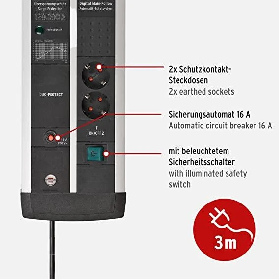 Brennenstuhl Premium-Protect-Line maitinimo juostelė [11 krypčių, juoda/pilka, 3 m]