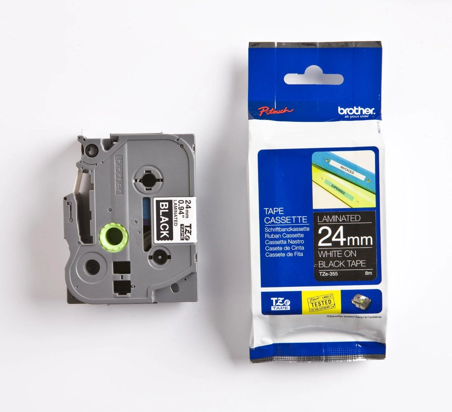 Brother | TZe-355 Laminated Tape | Baltas on Juodas | TZe | 8 m | 2.4 cm