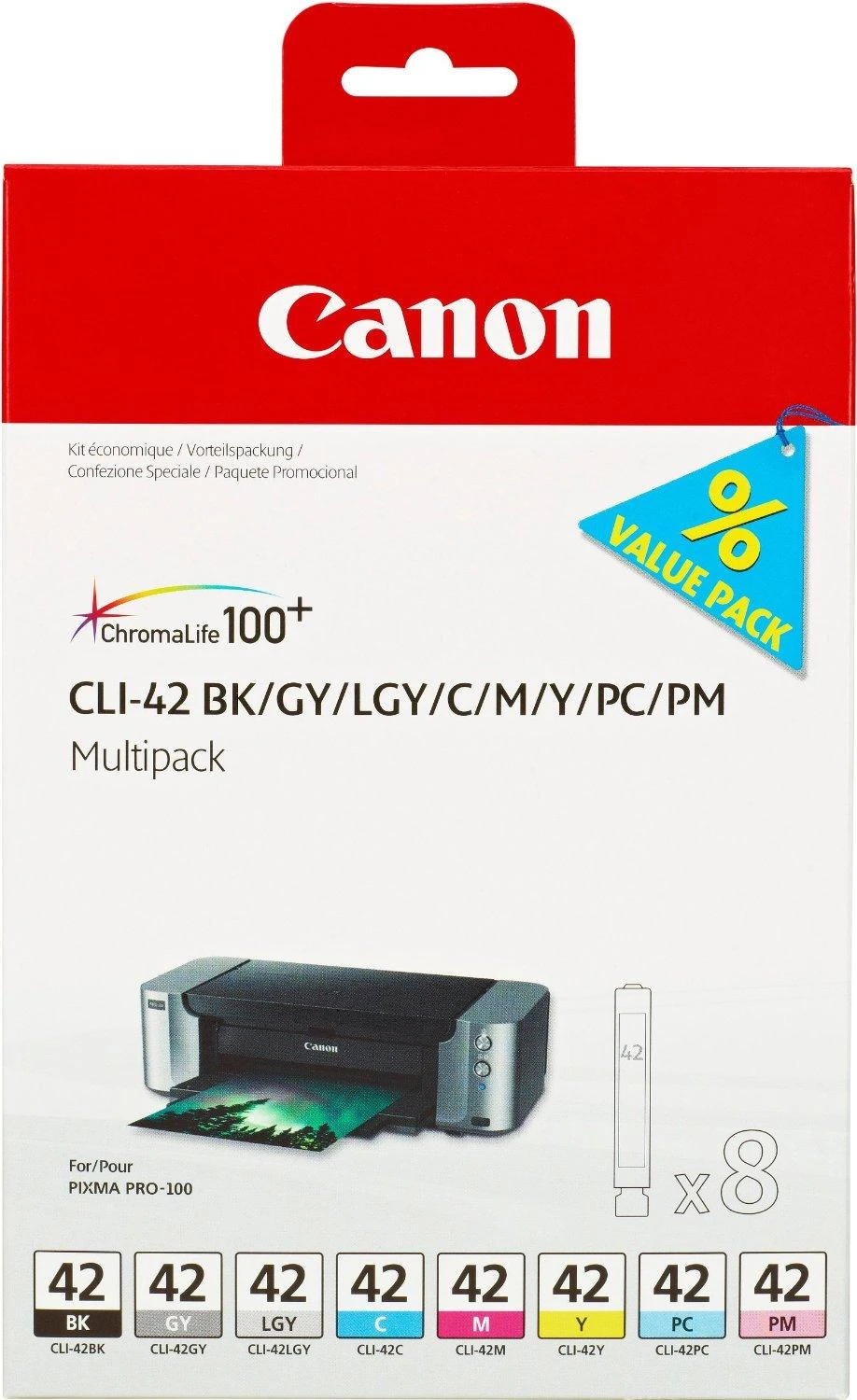 CANON 1LB CLI-42 8inks rašalo kasetė juodas ir spalvos standartinės talpos sudėtinė pakuotė pilni 8 rašalai