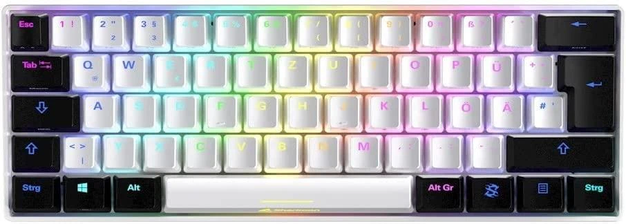Sharkoon SKILLER SGK50 S4 žaidimų klaviatūra su raudonais jungikliais - 60% išdėstymas, raudoni hot-swap jungikliai, RGB apšvietimas, QWERTZ išdėstymas, baltas-juodas