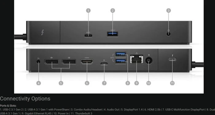 „Dell WD19TBS Thunderbolt“ dokas, eterneto LAN (RJ-45) jungtys 1, „DisplayPorts“ kiekis 2, USB 3.0 (3.1 Gen 1) jungčių kiekis 3, HDMI jungčių kiekis 1, USB 3.0 (3.1 Gen 1) C tipo jungčių kiekis 1