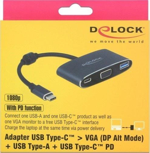 „Delock“ C tipo USB adapteris > VGA lizdas + A tipo USB + C tipo USB PD