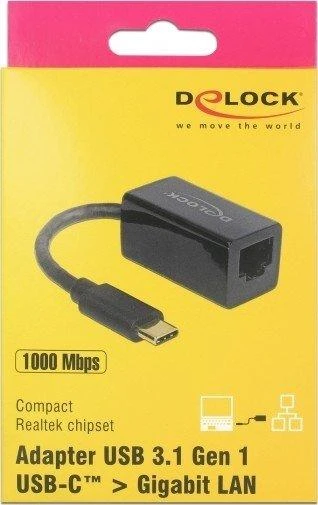 DELOCK Adapteris SuperSpeed USB USB 3.1 Gen 1 su USB Type-C male > Gigabit LAN 10/100/1000 Mbps kompaktiškas juodas