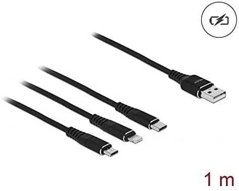 Delock USB įkrovimo laidas 3 viename, skirtas Lightning™ / Micro USB / USB Type-C™ 1 m juodas